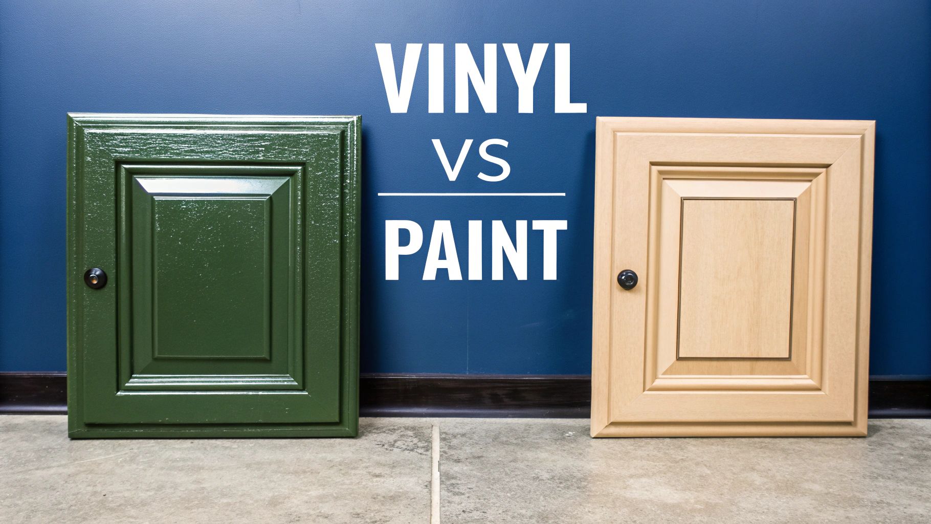Vinyl Wrap Cabinet Doors: A Guide For Toronto Homeowners Two Cabinet Doors, Green Vinyl And Light Wood Painted, Displayed With 'Vinyl Vs Paint' Text.