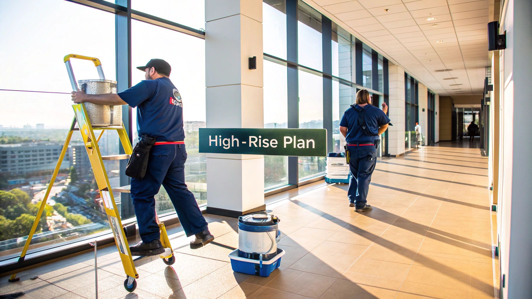 How To Paint Your Condo With Minimal Disruption: A Toronto Guide Two Maintenance Workers Clean Windows In A Sunny High-Rise Building Hallway With A City View.