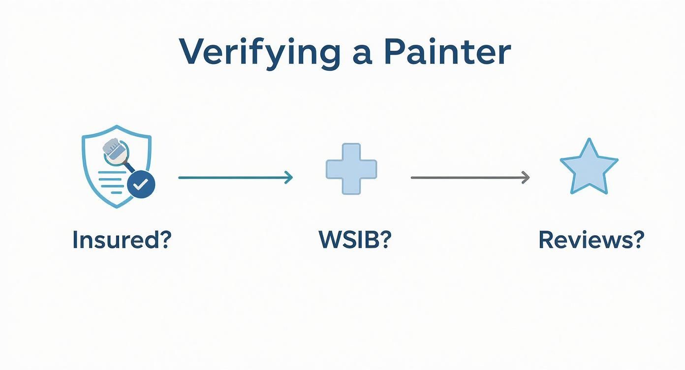 How To Find Top-Rated Painting Contractors Near Me In Toronto Flowchart Illustrating How To Verify A Painter, Including Checks For Insurance, Wsib, And Reviews.