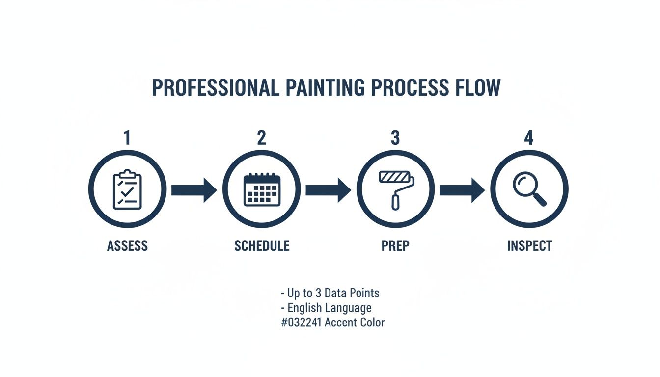 Professional Painting For Rental Apartments &Amp; High-Rise Buildings In Toronto A Professional Painting Process Flow Chart Showing Four Steps: Assess, Schedule, Prep, And Inspect.