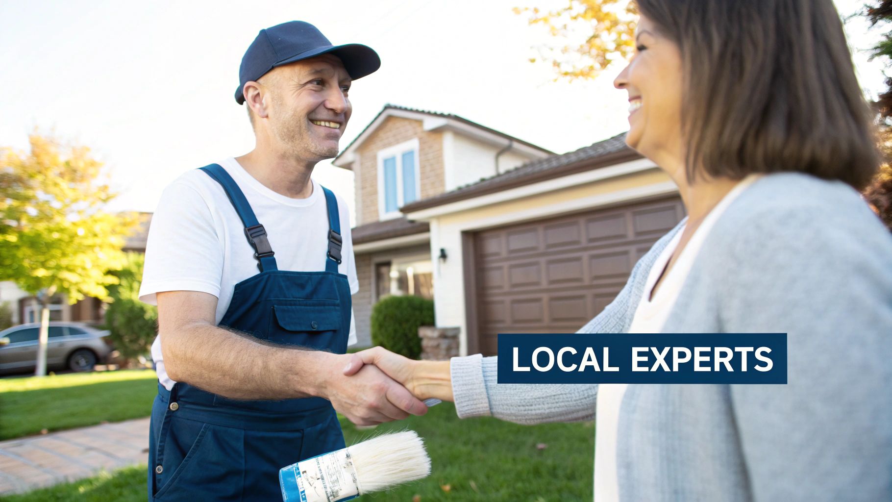 Your Guide To Finding The Best Painting Services Near Me In Toronto &Amp; Gta Painter In Blue Overalls Shaking Hands With A Woman Outside A House, Showing Professional Painting Services.