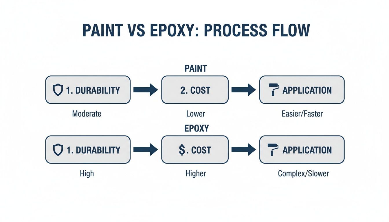 How To Paint Concrete Floors: A Toronto Homeowner'S Guide A Process Flow Chart Comparing Paint And Epoxy Based On Their Durability, Cost, And Application Methods.