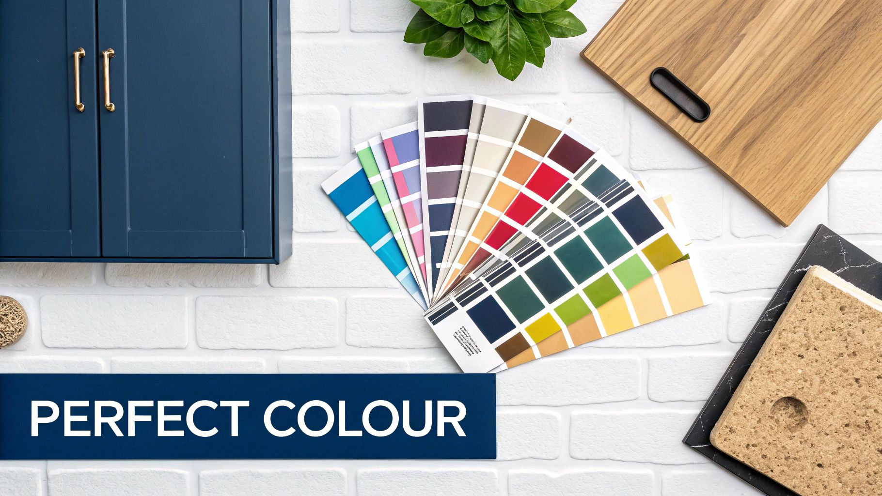 A Homeowner'S Guide To Kitchen Cabinet Painting In Toronto Overhead View Of A Blue Kitchen Cabinet With Color Palette, Plant, And Material Samples On A White Brick Wall. Kitchen Cabinet Painting Toronto