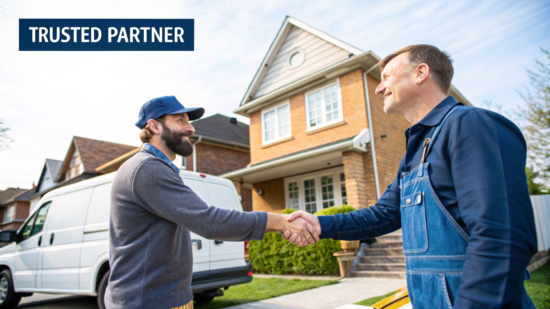 How To Find Top-Rated Painting Contractors Near Me In Toronto Hiring Painting Contractors Near Me. Two Men, A Service Professional And A Homeowner, Happily Shaking Hands In Front Of A House, Signifying A Trusted Partnership.