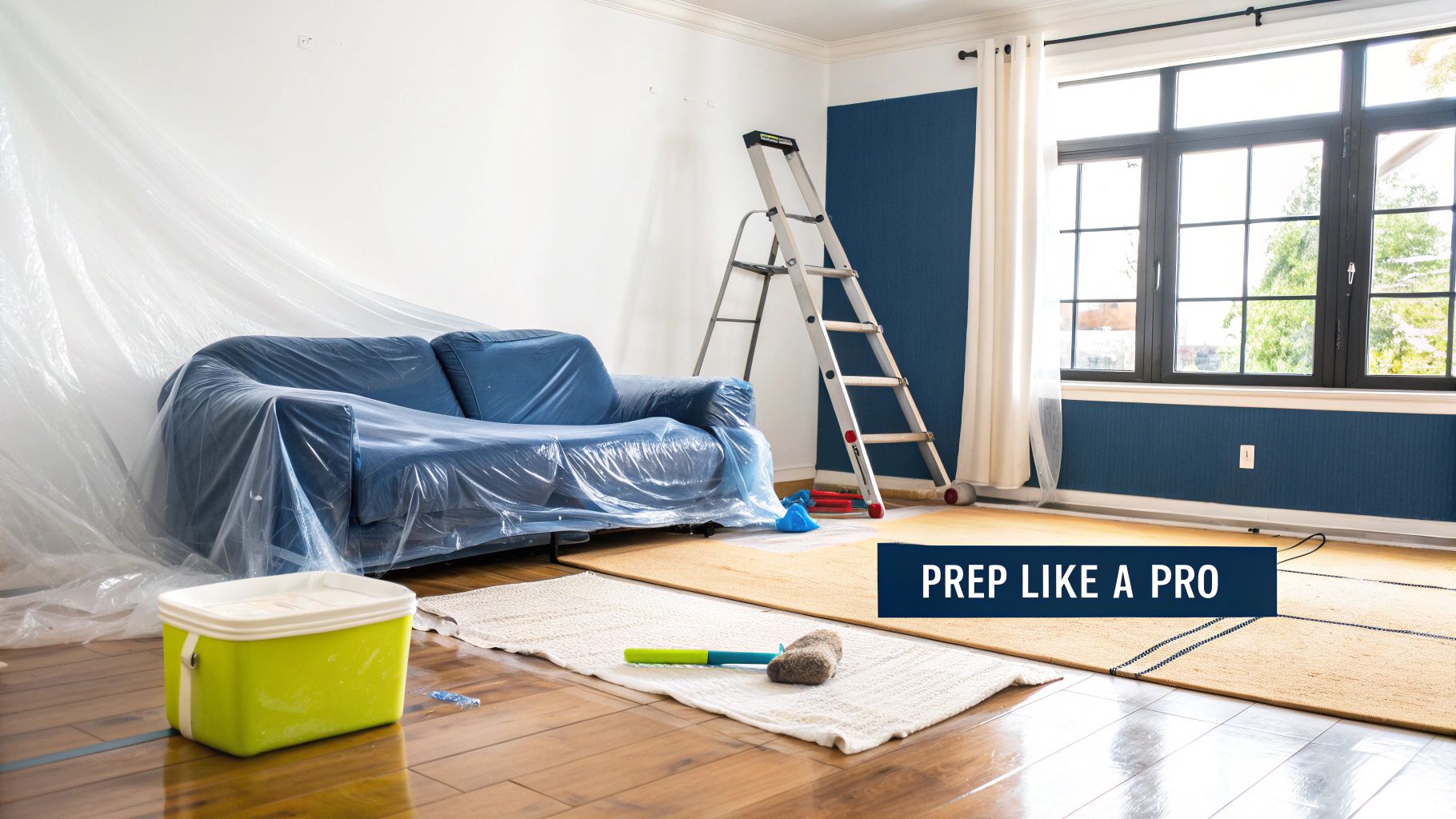 How To Paint A Popcorn Ceiling: A Complete Guide For Toronto Homes A Living Room Being Prepped For Painting, With A Blue Sofa Covered In Plastic And A Ladder.