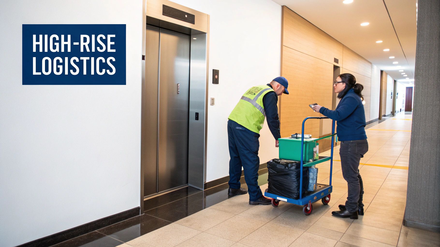 Professional Painting For Rental Apartments &Amp; High-Rise Buildings In Toronto Two Logistics Workers Prepare Items On A Cart For Elevator Transport In A Modern High-Rise Building Hallway.