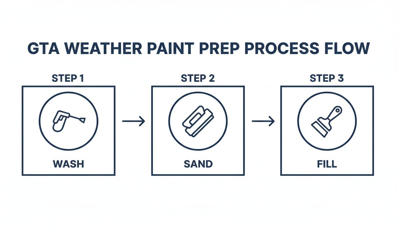 Choosing The Best Exterior Paint For Wood In Toronto A Process Flow Diagram Illustrating Three Steps For Paint Preparation: Wash, Sand, And Fill.