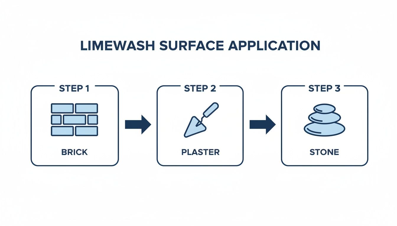 Limewash In Toronto: A Homeowner’s Guide To This Timeless Finish A Flow Diagram Illustrating Limewash Application Steps For Brick, Plaster, And Stone Surfaces.