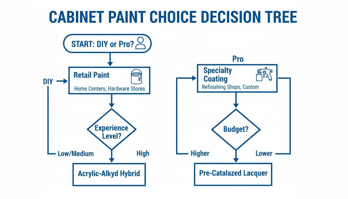 Best Paint For Cabinet Painting: Your Guide To A Flawless Kitchen Finish Decision Tree Flowchart Guiding Cabinet Choice Based On Diy Vs. Pro, Experience Level, And Budget.