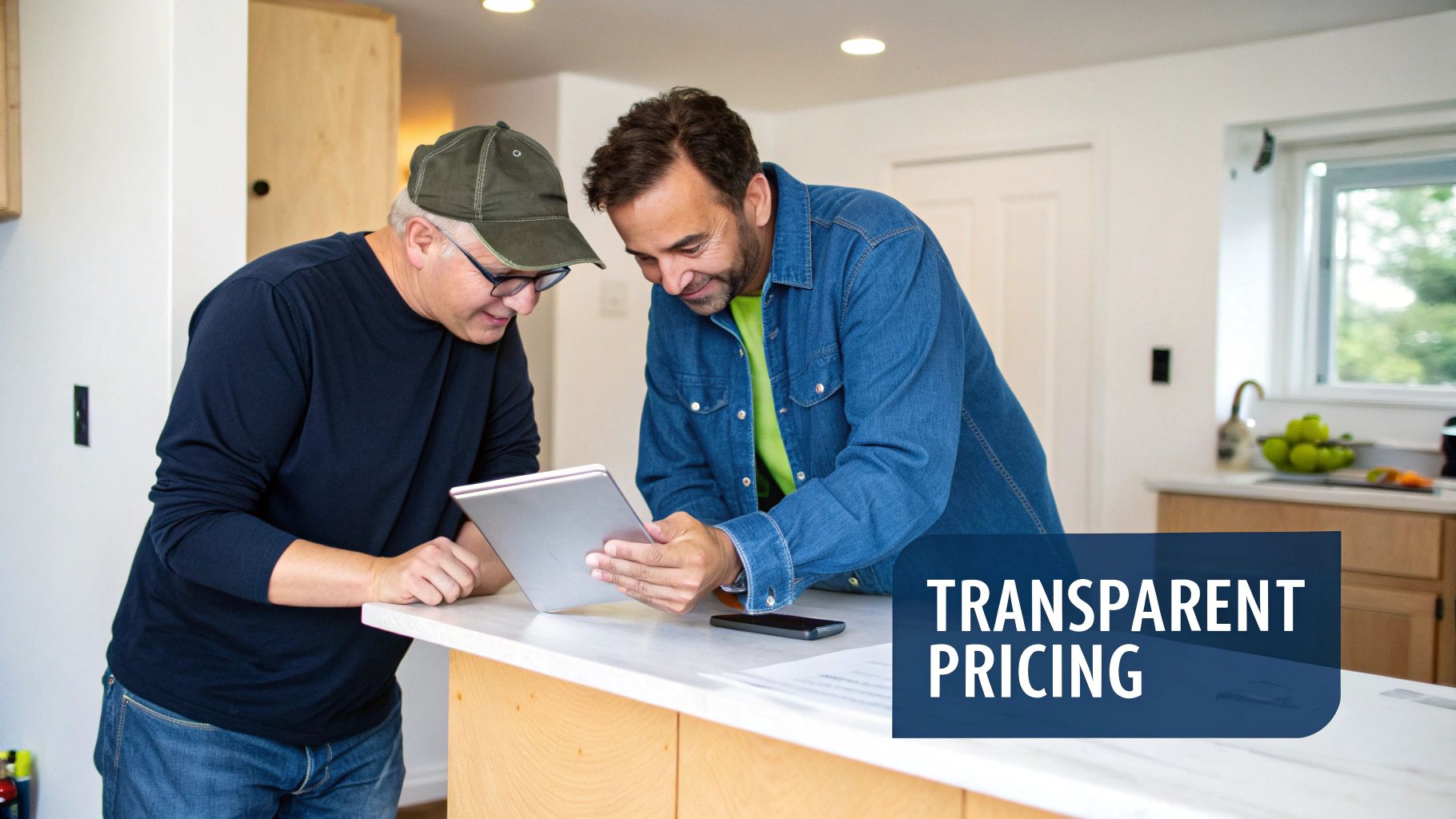 Kitchen Cabinet Painting Near Me: A Toronto Homeowner'S Guide Two Men Reviewing Information On A Tablet, Discussing A Home Improvement Project With Transparent Pricing.