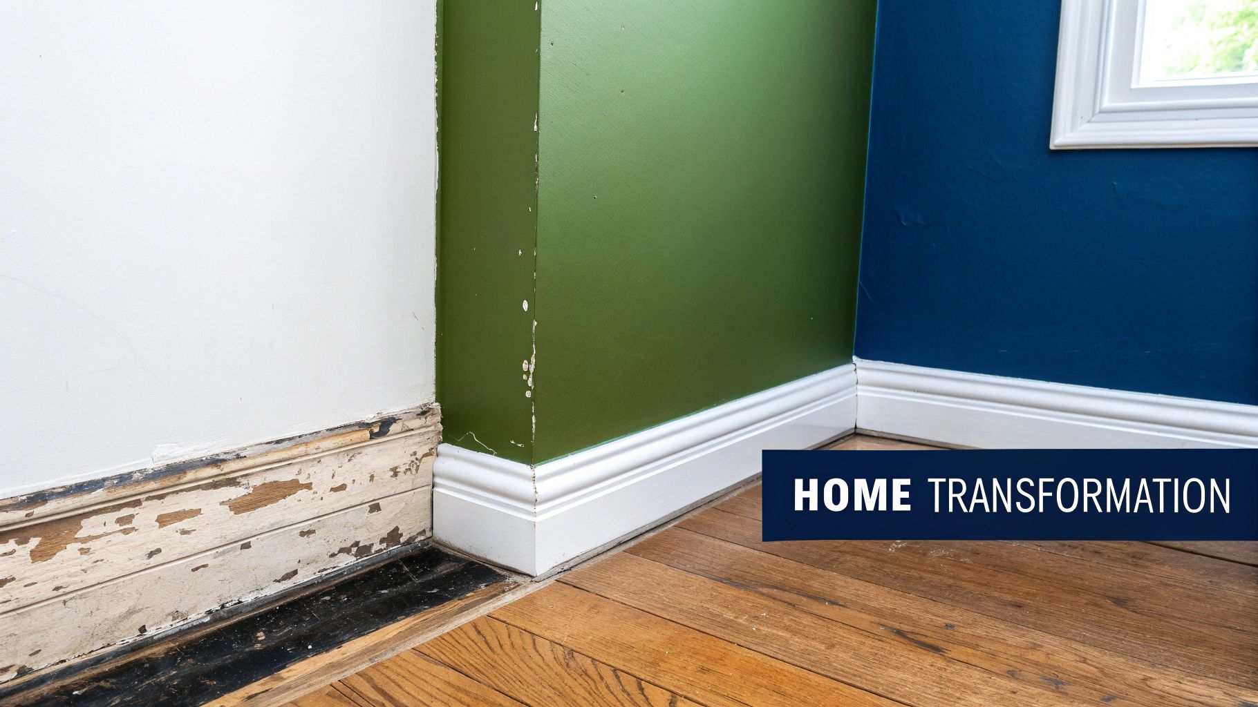 Choosing House Painters In Toronto: An Expert 2026 Guide A Room Corner Showing Old Peeling Baseboards Next To Newly Painted Green And Blue Walls With Fresh White Trim, Symbolizing Home Transformation.