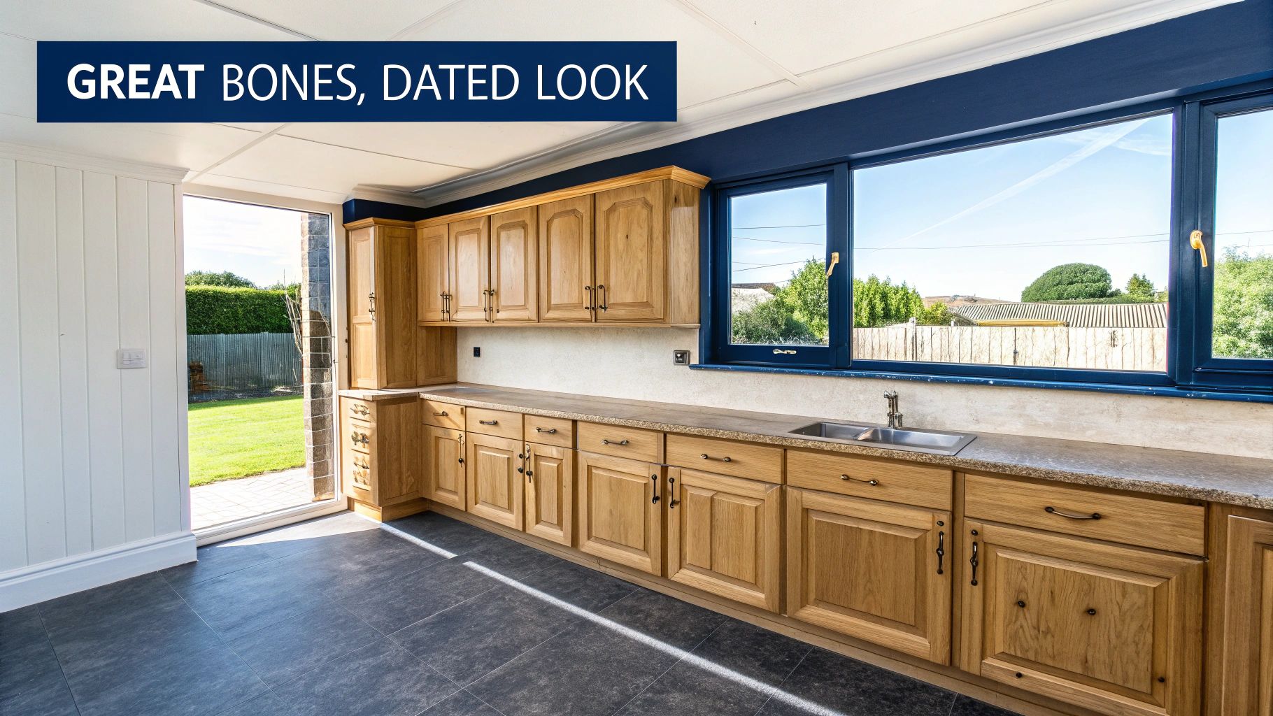 Painting Oak Cabinets In Toronto All You Need To Know For 2026 Light Oak Kitchen Cabinets And Blue Walls In A Dated Utility Room With A View Of A Garden.