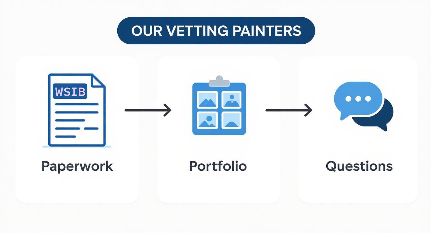 How To Find The Best Painting Company Near Me: A Toronto Guide Find Best Painting Company Near Me - Flowchart Illustrating A Three-Step Painter Vetting Process: Paperwork, Portfolio Review, And Interview Questions.