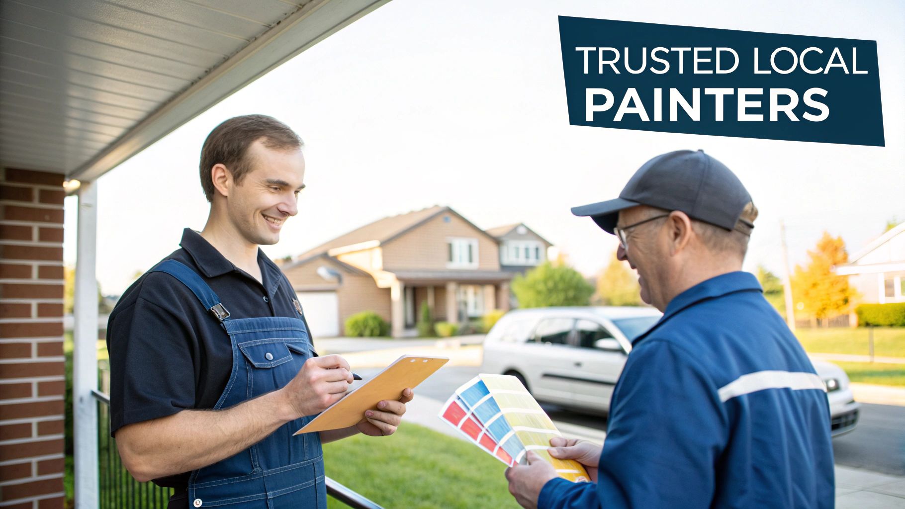Why Royal Home Painters Is A Top Choice For Home Painters In North York Two Smiling Painters Discuss Color Options For A Home, Holding Swatches And A Clipboard.