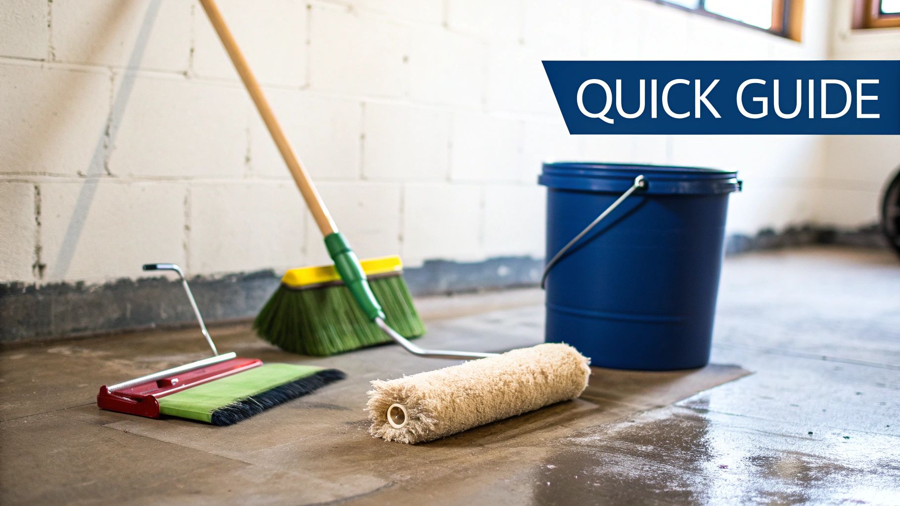 How To Paint Concrete Floors: A Toronto Homeowner'S Guide Various Tools For Cleaning And Painting A Concrete Floor, Including A Broom, Squeegee, Roller, And Bucket.