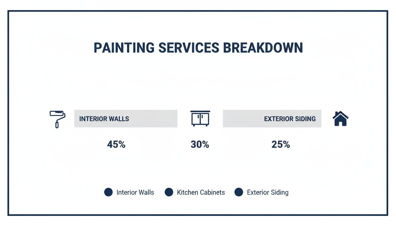 Why Royal Home Painters Is A Top Choice For Home Painters In North York Breakdown Of Painting Services, Detailing Percentages For Interior Walls, Kitchen Cabinets, And Exterior Siding.