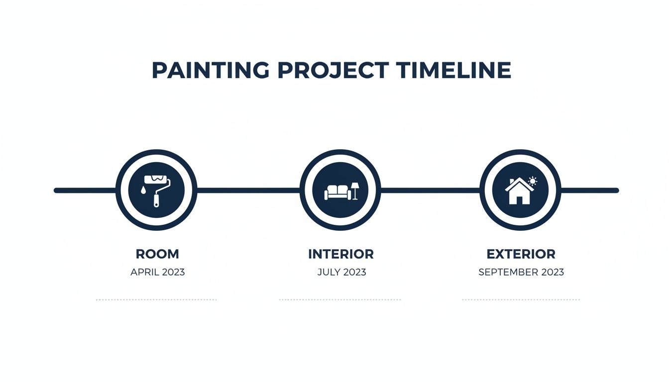 How Long To Paint A House? A Toronto Homeowner'S Guide Painting Project Timeline Graphic With Room In April, Interior In July, And Exterior In September.