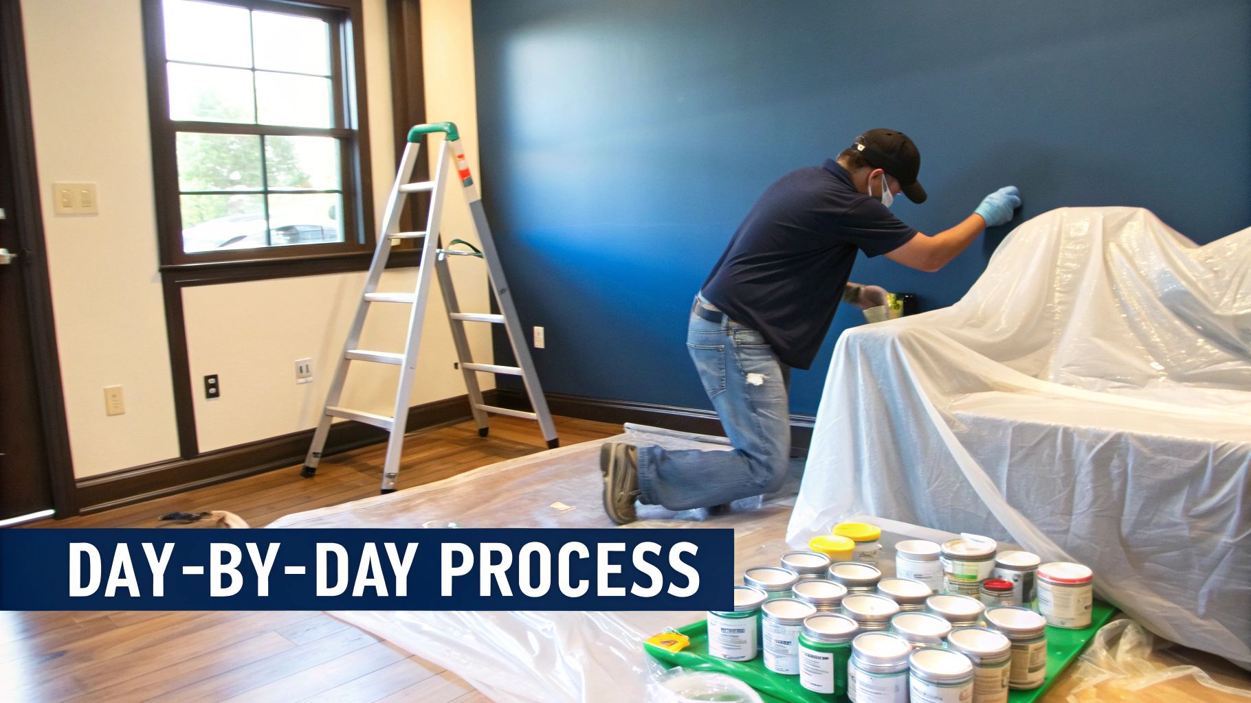 How Long To Paint A House? A Toronto Homeowner'S Guide A Masked Person In Gloves Painting A Blue Wall, With Furniture Covered And Paint Cans Nearby.
