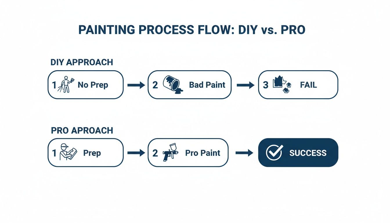 Painting Painted Cabinets: What Toronto Homeowners Need To Know Flowchart Comparing Diy Painting Leading To Failure And Professional Painting Leading To Success.