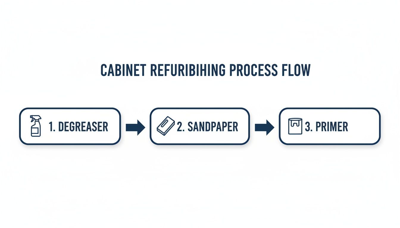 How To Paint Bathroom Cabinets: Expert Tips For A Flawless Finish In Toronto Flowchart Showing Three Essential Steps For Cabinet Refurbishing: Degreasing, Sanding, And Priming.