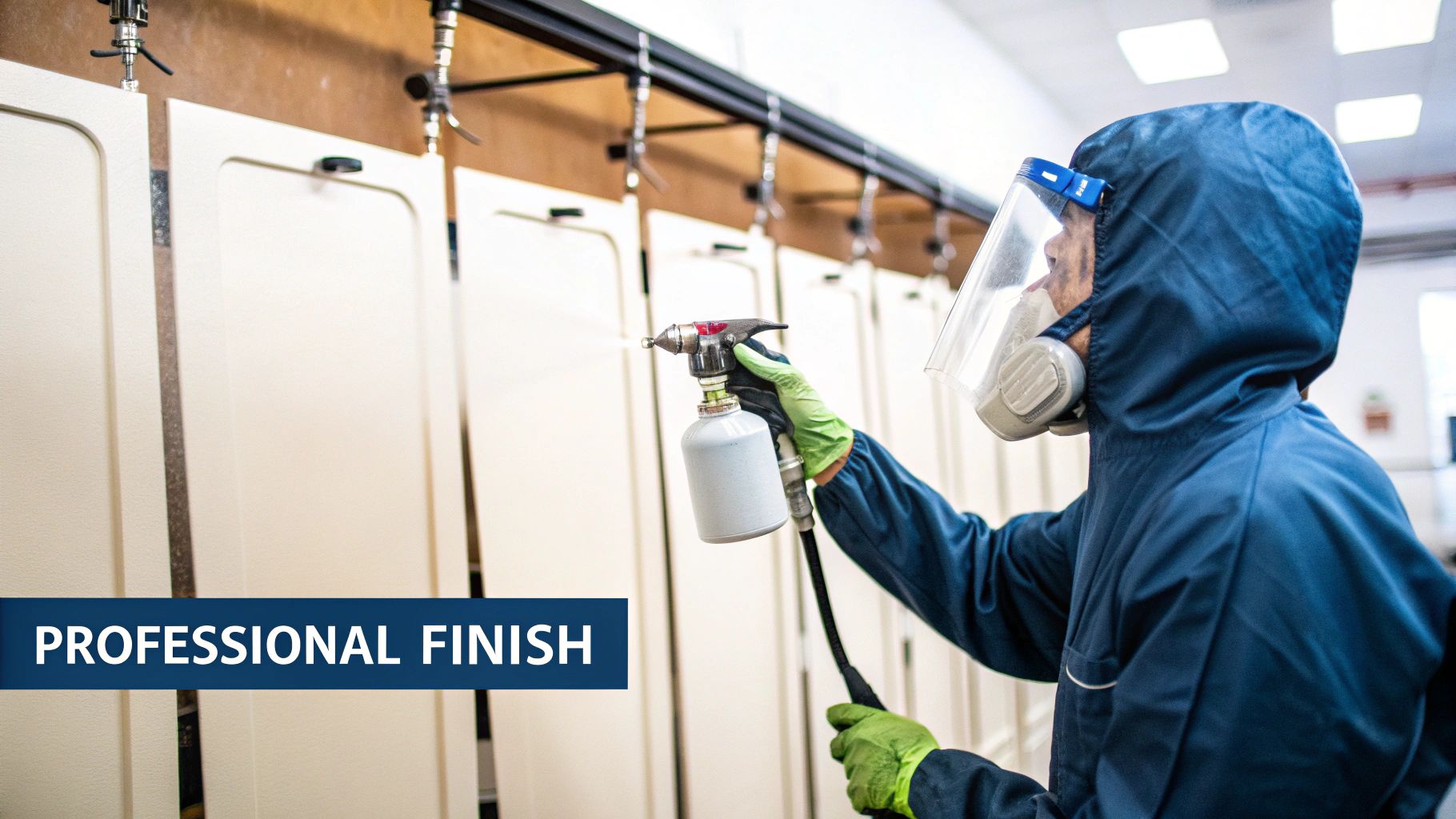A Toronto Homeowner'S Guide To Resurfacing Kitchen Cabinets Worker In Protective Suit Spray Painting White Kitchen Cabinet Doors In A Professional Finishing Workshop.