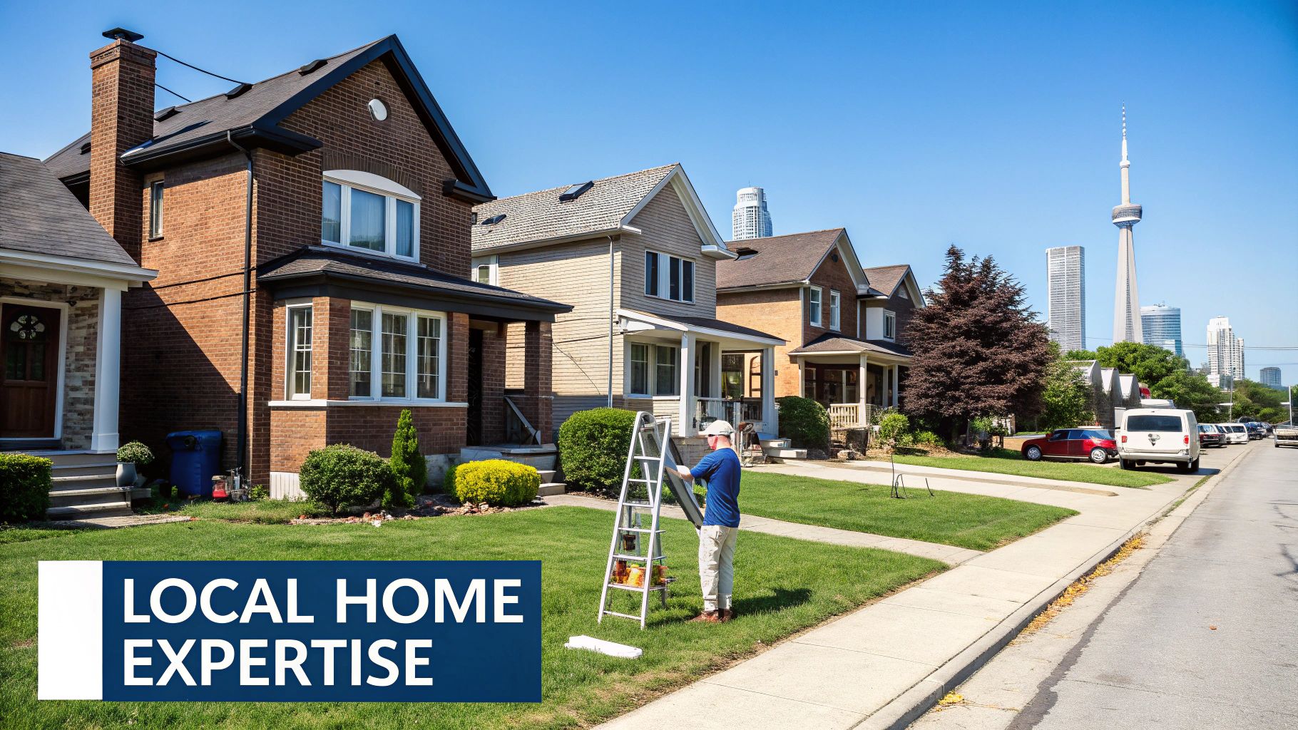 Why Royal Home Painters Is A Top Choice For Home Painters In North York A Man On A Ladder Working On A Lawn In Front Of Suburban Houses With The Toronto Skyline In The Background.