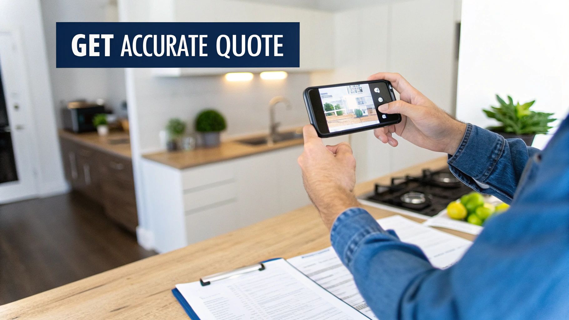 Kitchen Cabinet Refacing Cost In Toronto: Your 2024 Guide Person Uses A Smartphone To Get An Accurate Quote For Home Improvements In A Modern Kitchen.