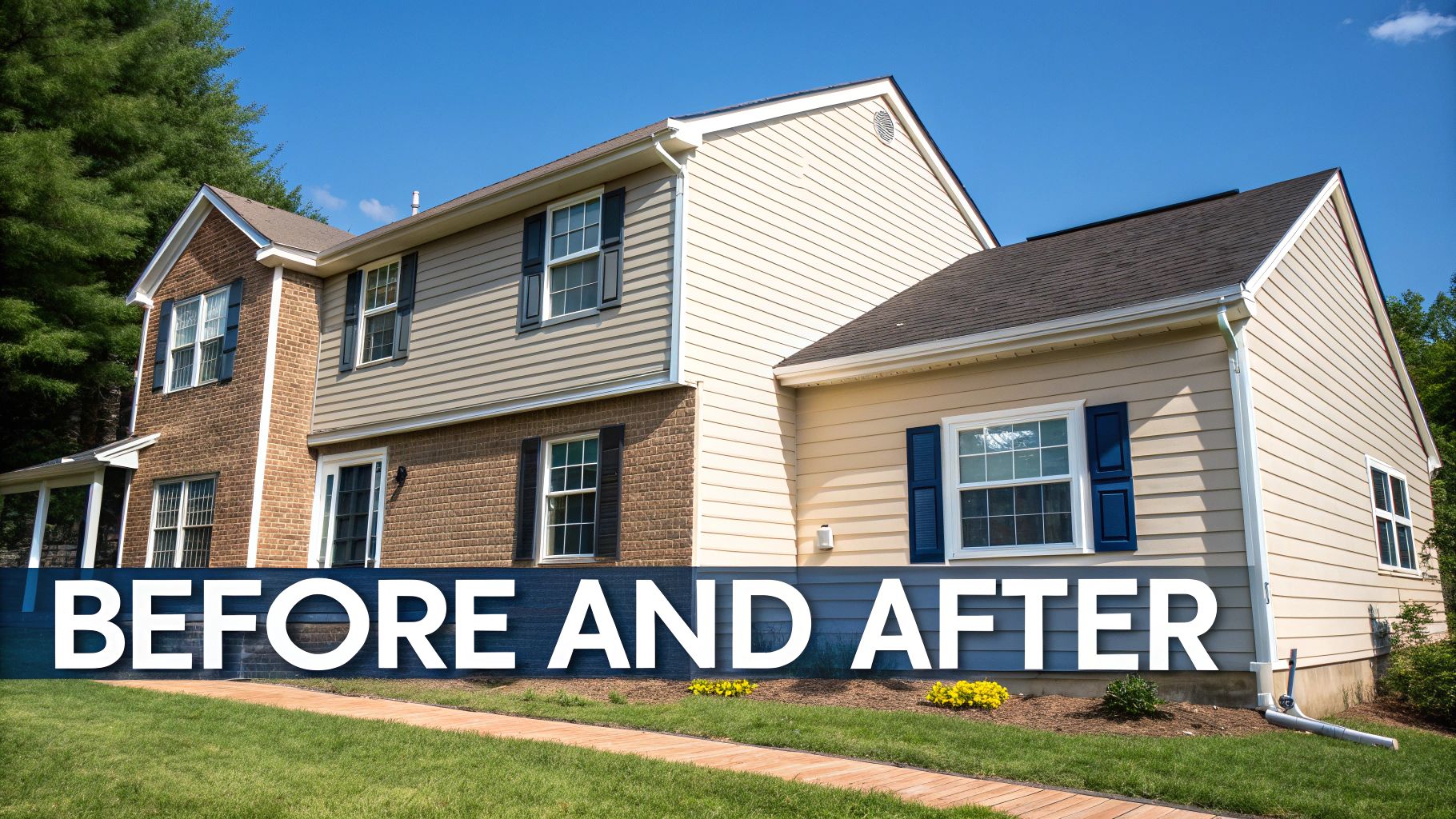 Why Royal Home Painters Is Your Best Choice For A Home Painter In Richmond Hill Side View Of A Two-Story House Showcasing Before And After Exterior Renovation With New Siding And Blue Shutters.