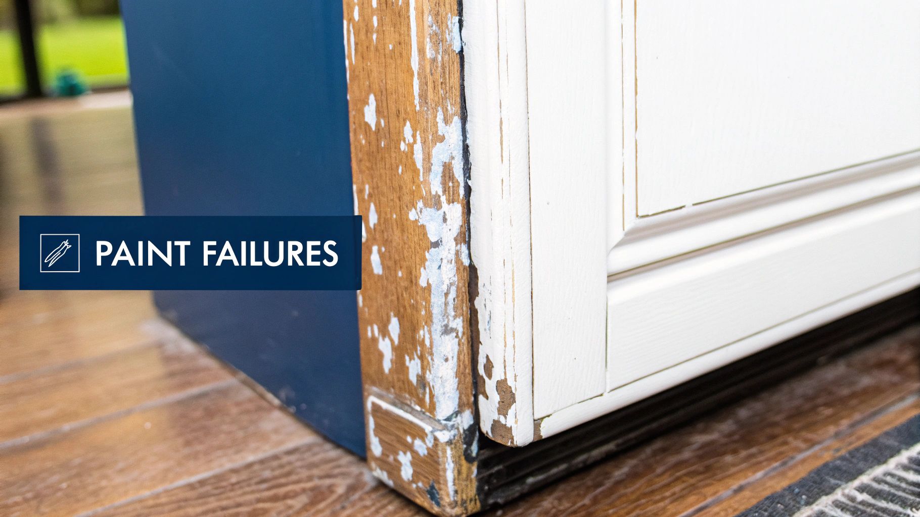 Painting Painted Cabinets: What Toronto Homeowners Need To Know Close-Up Of Cabinet With Peeling Blue And White Paint, Revealing Bare Wood, Indicating Bare Wood, Indicating Paint Failure.