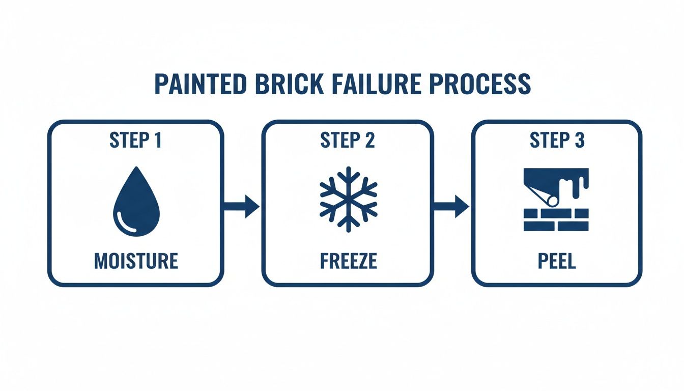 Brick Staining Vs Painting: The Best Way To Transform Your Toronto Home Diagram Illustrating The Three-Step Painted Brick Failure Process: Moisture, Freeze, And Peel.