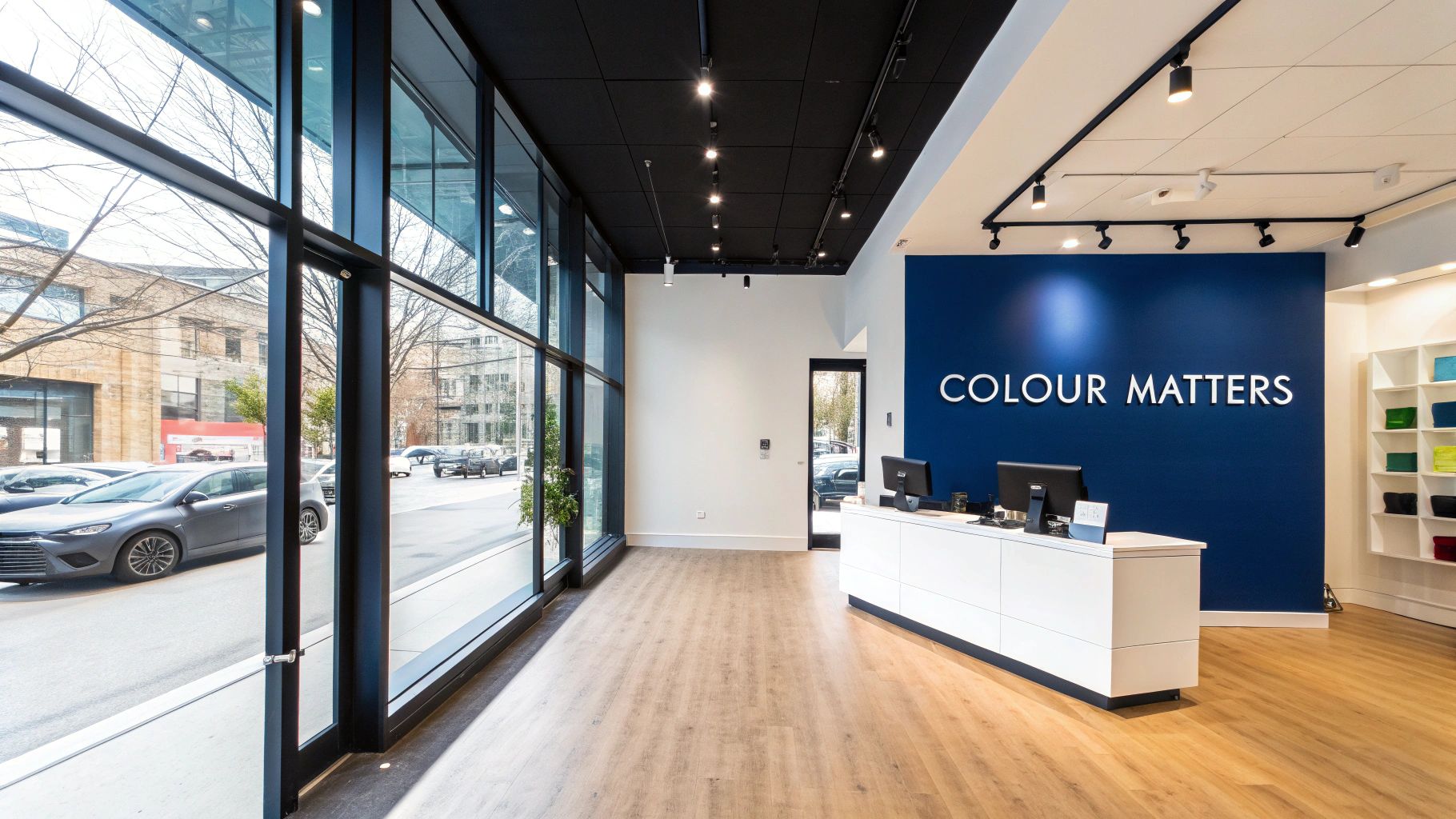 Colours For Commercial Interiors In Toronto: Transform Your Space Modern Retail Interior With A Reception Desk, A Blue Feature Wall, And Large Street-Facing Windows.
