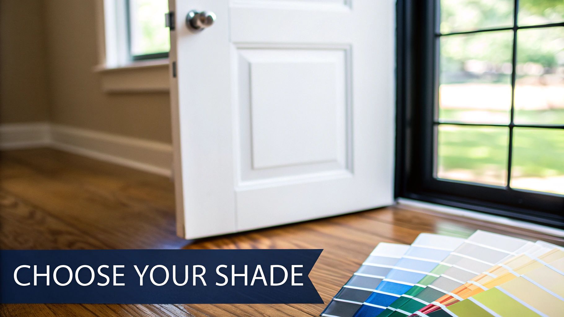 A Toronto Homeowner'S Guide To Green Kitchen Cabinets Paint Color Swatches On A Wood Floor Next To An Open White Door And A Window.
