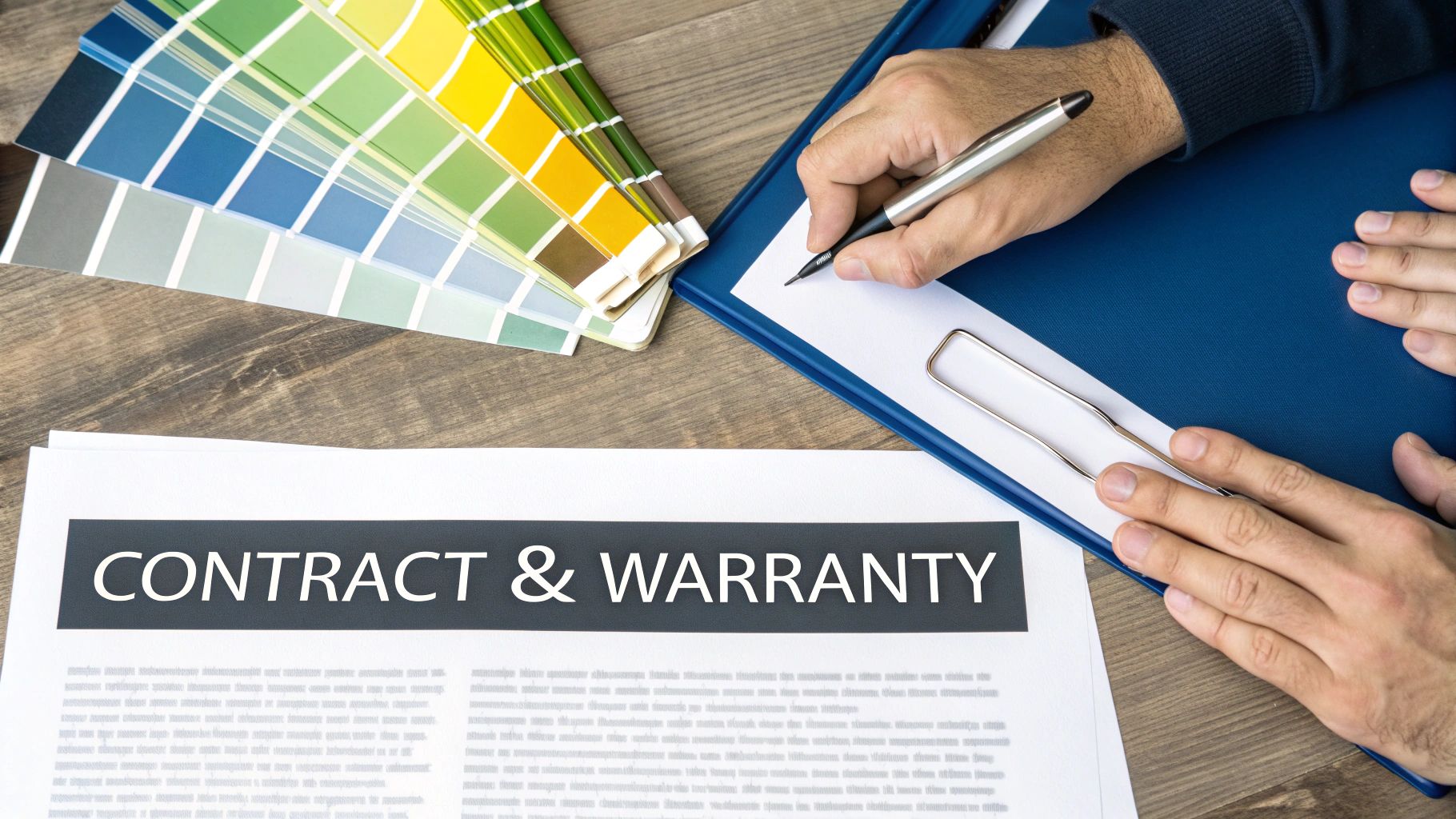 How To Find The Best Commercial Painting Contractors Near Me In Toronto Commercial Painting Contractors Near Me. A Person'S Hands Signing A Contract And Warranty Document, With Paint Color Swatches.