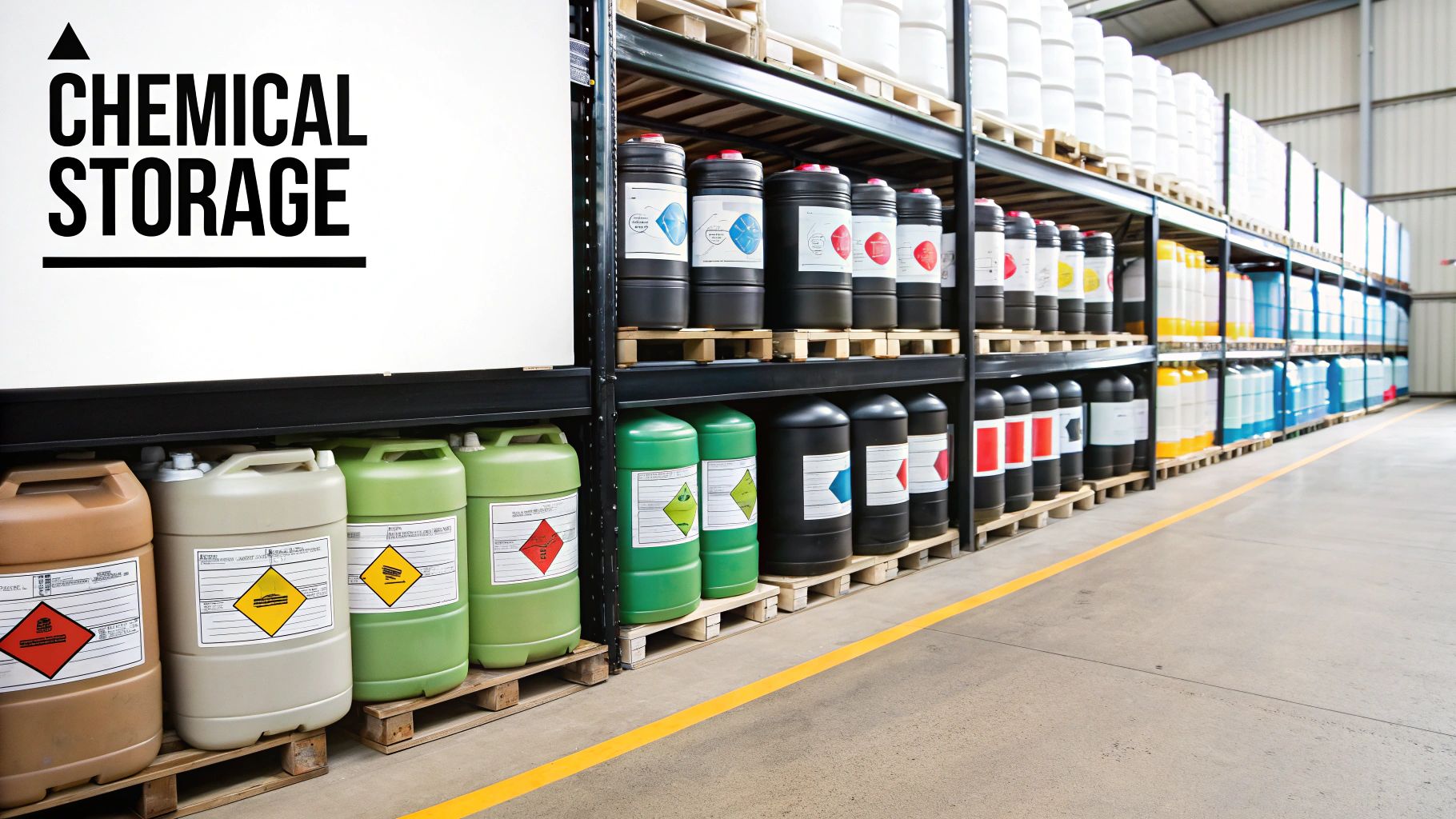 Chemicals stored safely on labeled shelves in a warehouse.