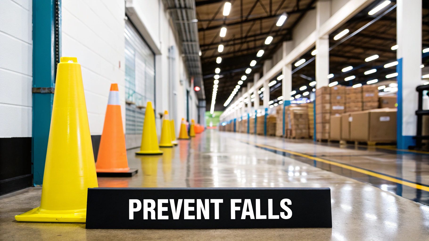 A warehouse floor with clear, well-marked walkways, demonstrating effective slip, trip, and fall prevention measures.