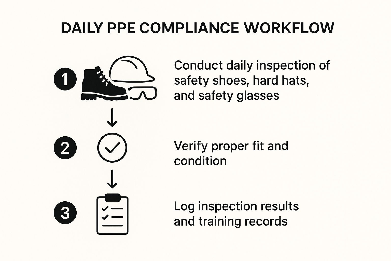 Infographic showing a three-step process for daily PPE compliance checks, including inspection, verification, and logging results.