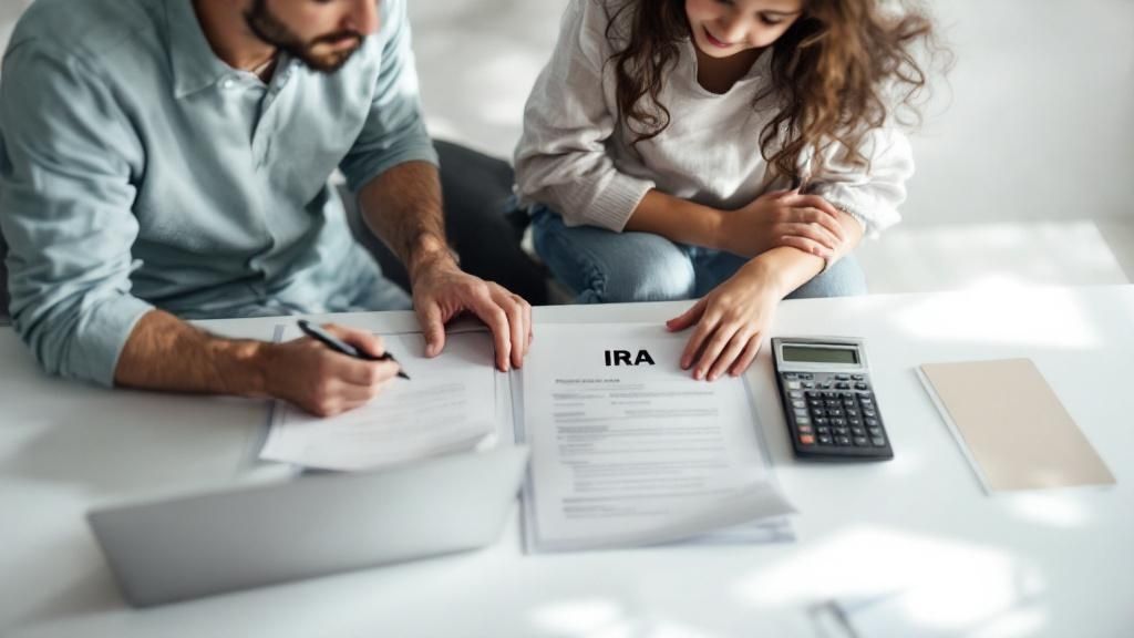 A father and son happily looking at a tablet together, planning finances.