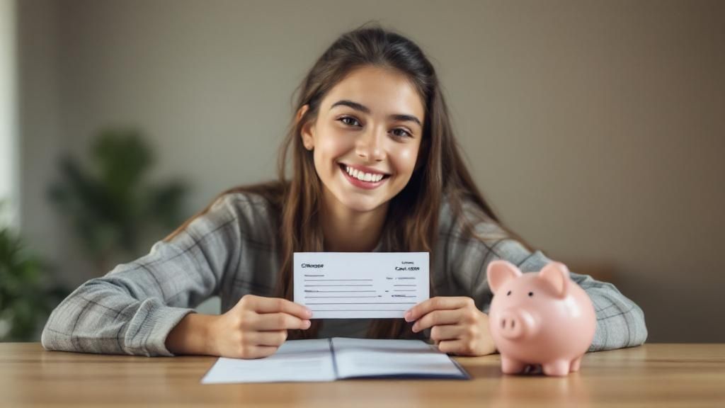 A teenager smiling while counting money earned from a summer job.