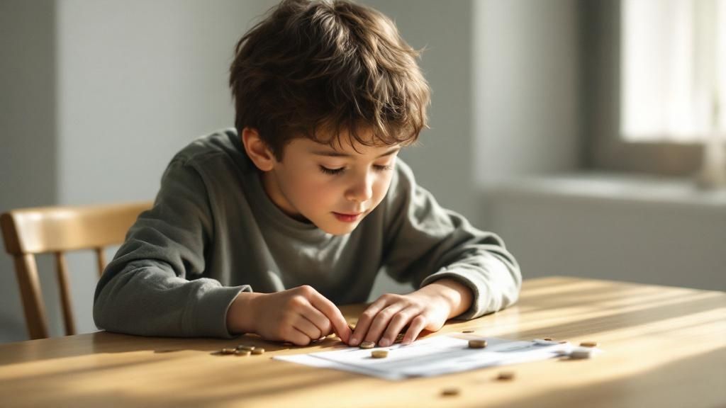 A child happily organizing payment records and cash in a small notebook on a desk.