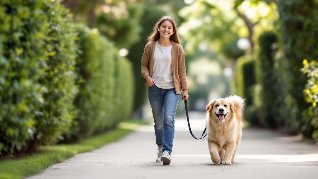 A young person walking two happy dogs on leashes in a sunny park.