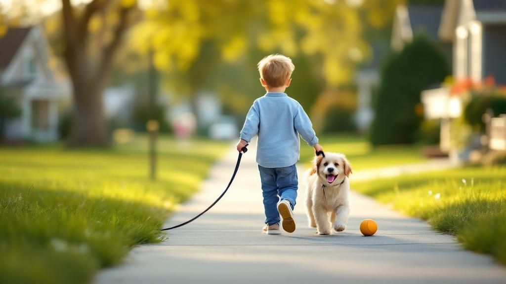 A young boy happily walking two dogs in a park, illustrating pet care services.