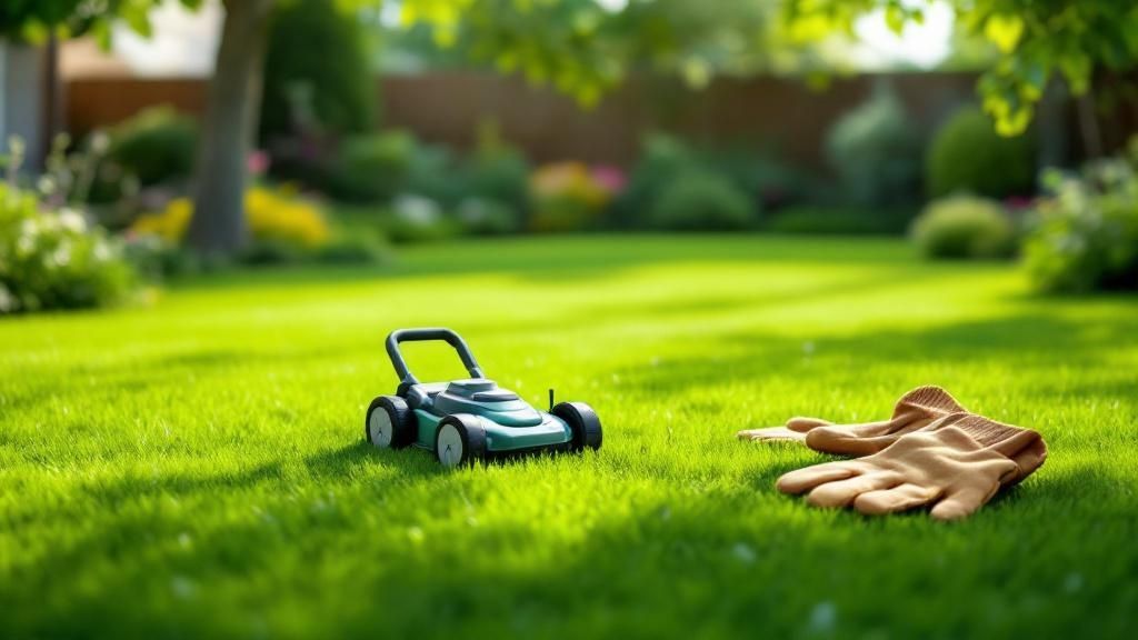 Boy raking leaves in a yard
