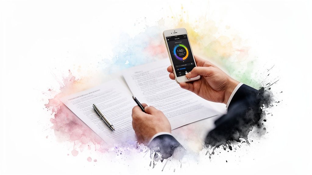 A man in a suit holds a smartphone displaying data while reviewing documents with a pen.