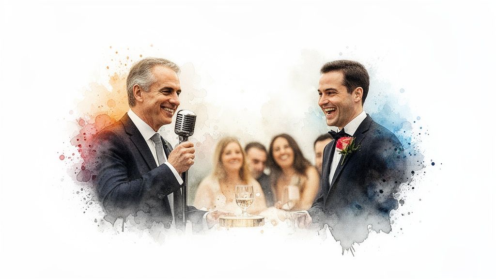 Smiling groom and father giving a heartfelt wedding speech with guests in the background.