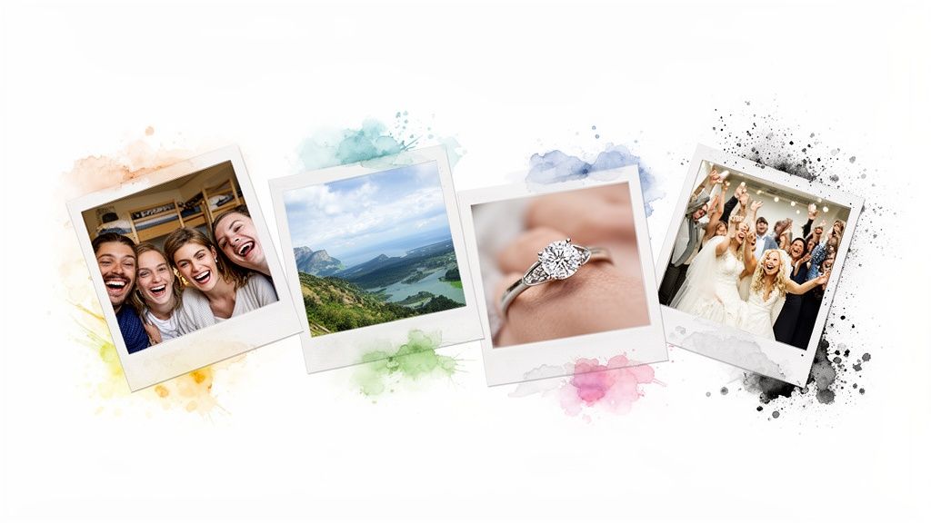 Four polaroid photos capturing happy friends, scenic travel, an engagement ring, and a joyful wedding party.