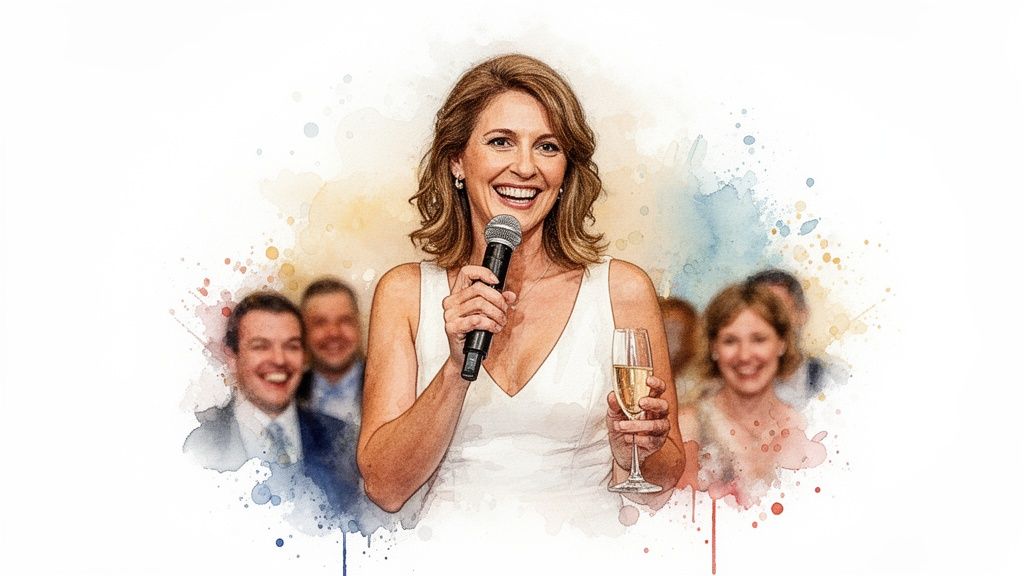 A smiling woman in a white dress gives a speech, holding a microphone and champagne glass.
