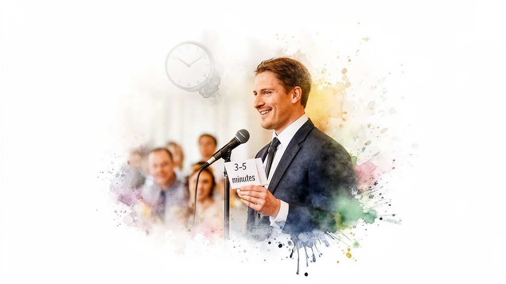 Smiling man in a suit speaks into a microphone, holding a '3-5 minutes' time card for his speech.