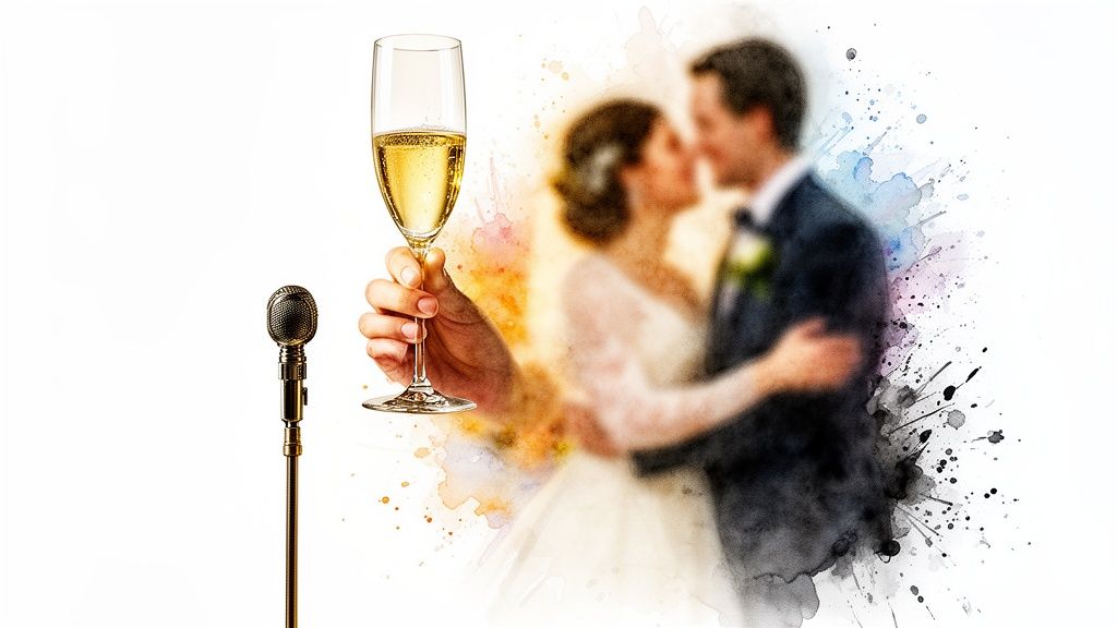 A hand holds a champagne glass next to a vintage microphone, with a blurred wedding couple and watercolor splashes.
