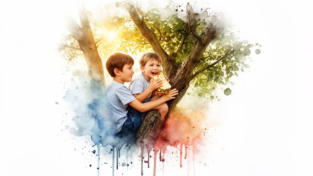 Two happy boys sharing a sandwich while sitting in a sunlit tree.