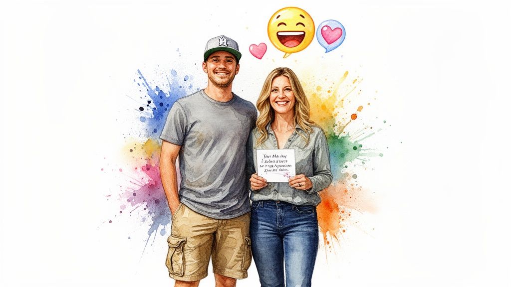 Watercolor illustration of a happy couple surrounded by colorful splashes and joyful emojis.